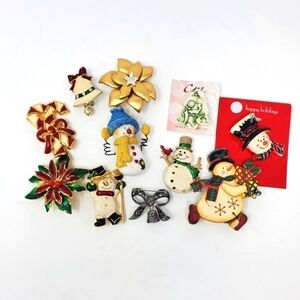 CHRISTMAS BROOCH LOT 11 FASHION JEWELRY VINTAGE MODERN SNOWMAN DANECRAFT WOMEN